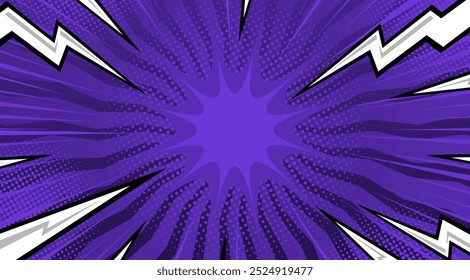 Comic Pop art purple background with lightning flashes. Cute retro stripes pattern. Vector halftone illustration. For comic superhero text, speech bubble, message