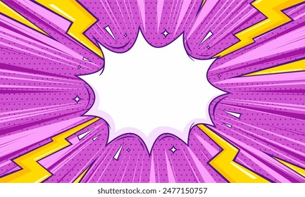 Comic pop art purple blank background with lightning effect 