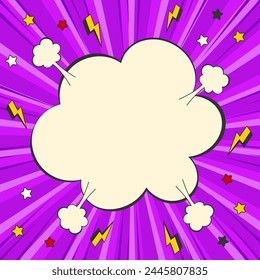 Comic pop art retro card, background, social media post template with bubble, lightning, stars and rays
