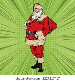 Comic Pop Art Santa Claus with gift bag Vector Illustration 