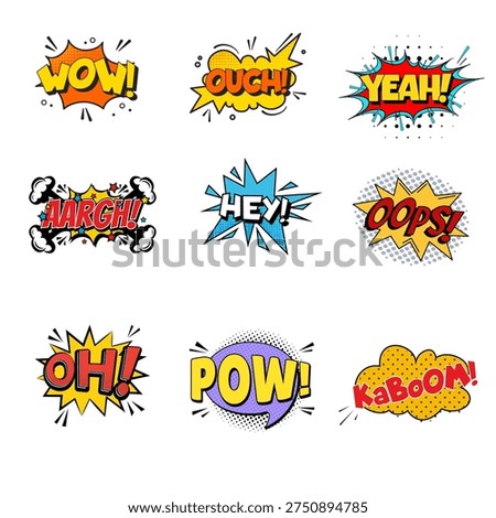 Comic Pop Art Sound Effects, Cartoon Speech Burst Elements. Wow Yeah Oops Pow Words, Colorful Vector Illustration Set.