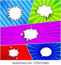 comic pop art speech bubble background set with colorful panels, halftone dots, and radial burst effects for poster, banner, and graphic design