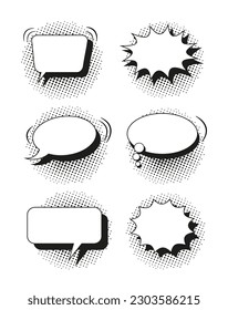 Comic pop art speech bubbles. Cartoon balloons with halftone shadow. Set of chat bang clouds with dots. Black white text boxes. Star burst clouds. Funny message shapes. Vector illustration.
