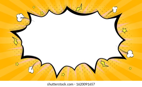 Comic pop art splash explosion background. Speech bubble with expression text space. Bright dynamic cartoon illustration in retro pop art style. Layout blank template with dots, clouds and stars - vec