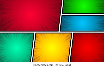 Comic pop art style blank layout template on colorful halftone background.