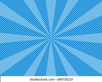 Comic pop art style blank, beams and isolated dots background. For sale banner,  halftone book design. Vector illustration of a blue background.
