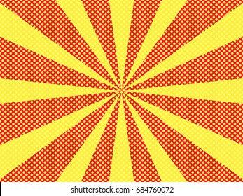 Comic pop art style blank, beams and isolated dots background. For sale banner,  halftone book design. Vector illustration of red background.