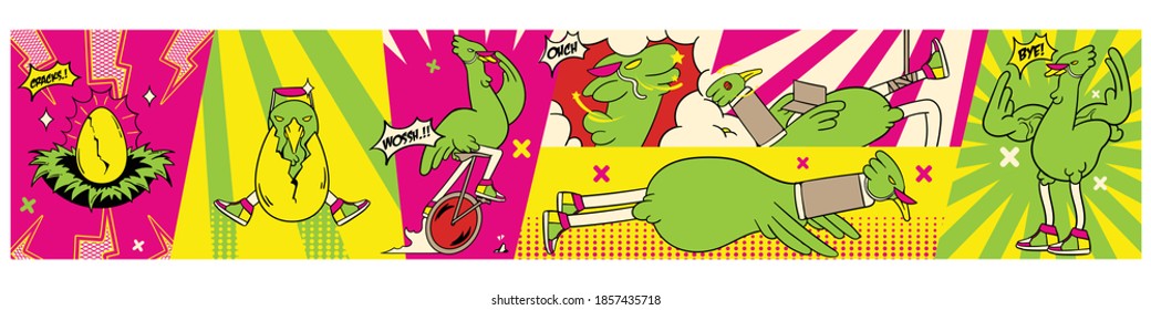 Comic Pop Art Style Chicken Disco Push Up Egg Hatching Bicycle Gym Crash Style Unique Vector Illustration