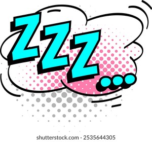 Efecto de sonido para dormir de estilo pop art cómico con tres letras z y una burbuja de discurso con puntos de semitonos rosados y grises que representan somnolencia, descanso y sueño