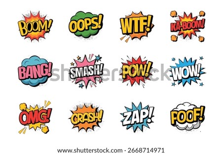 Comic pop art text effects vector set. boom, pow, omg, wow, crash, bang, speech bubble cartoon stickers.