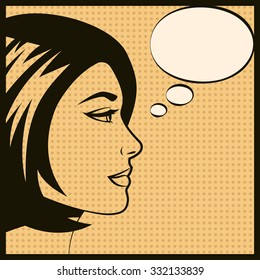 Comic pop art vector illustration of woman with think bubble