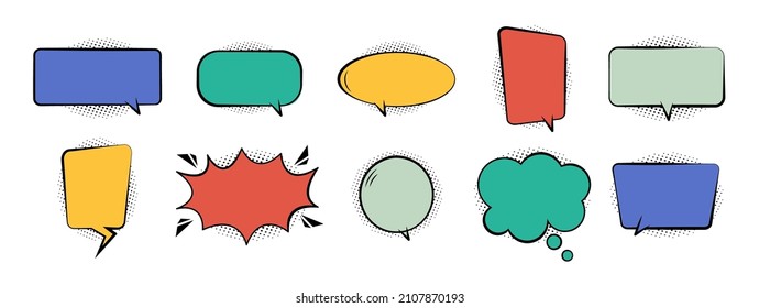 Comic pop bubble. Pop cartoon balloons for text and speech. Box for speak or dialog. Set of icons with halftone for talk, chat and think. Fun design for communication. Vector.