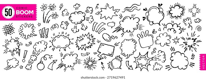 Efeito de doodle pop cômico. Ícone de nuvem, boom, velocidade e fumaça da linha de desenhos animados. Vetor de efeito cômico, estilo de rabiscar. Confete pop, balão de fala, explosivo, uau, colisão. Conjunto de anime png desenhado à mão. Cartoon bg
