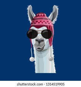 Comic portrait of a llama in a peruvian hat and black glasses. Vector illustration isolated on blue background