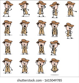 Comic Poses of Detective Agent Character - Set of Concepts Vector illustrations