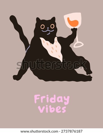Comic postcard with cute cat drinking wine from glass on layout. Greeting card design with funny kitty holding wineglass. Happy animal, adorable kitten relaxes on Friday. Flat vector illustration