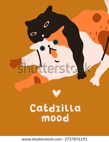 Comic postcard with cute fighting cats. Funny design of greeting card with kitty biting its friend. Layout with naughty kittens playing together. Crazy animals have fun. Flat vector illustration