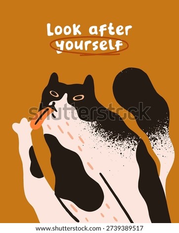 Comic postcard design with cute kitty washing with tongue. Funny greeting card template with happy cat licking its paw. Amusing animal, kitten is cleaning on creative layout. Flat vector illustration