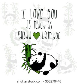 Comic postcard illustration with panda dreaming on some bamboo shoots, decorated with different pandas on the back. Augmented with a declaration of love. Special picture for Valentine Day in February.