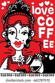Comic poster beautiful woman drinks her morning coffee in bed