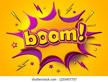 Comic poster: speech bubbles, burst, boom text and sound effect. Colorful funny banner in comics book and pop art style. Yellow-purple cartoon banner with halftone effect. Vector illustration