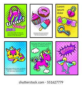 Comic posters set with bag cake donut arrow lock cat unicorn and cocktails on halftone background vector illustration