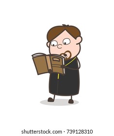 Comic Priest Reading Bible Vector Illustration