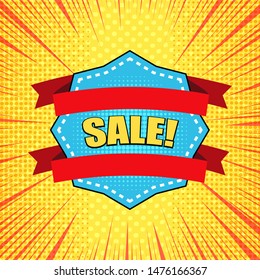 Comic promotional and advertising concept with sale wording red ribbons blue speech bubble and different humor effects. Vector illustration