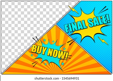 Comic promotional horizontal template with Sale inscriptions speech bubbles radial halftone effects and frame with transparent background. Vector illustration
