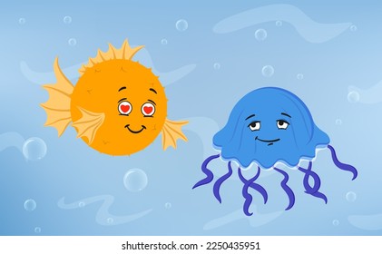 Comic pufferfish in love with jellyfish vector illustration. Cartoon drawing of underwater creatures characters on blue background with bubbles. Communication, sea life, romance, wildlife concept