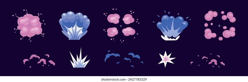 Comic Purple Explosion oder Burst und Boom Effekt Vektor Set