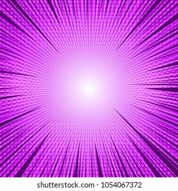 Comic purple light blank background with rays radial and halftone effects. Vector illustration