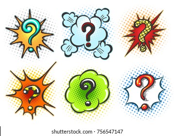 Comic question marks. Pop art speech bubble question mark box set isolated on white background, vector illustration