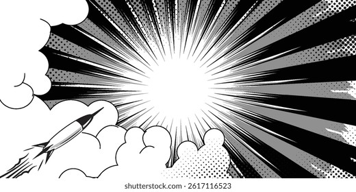 Comic radial explosion lines with speed effect for comic books. Superhero action, explosion background, manga speed frame, vector illustration