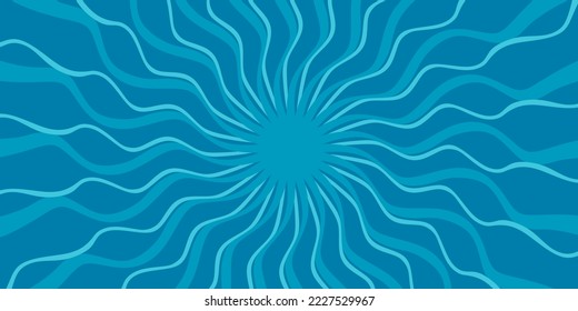 Comic rays blue background. Sunburst retro sun rays blue background. Vintage radial texture. Sun rays abstract backdrop. Vector illustration