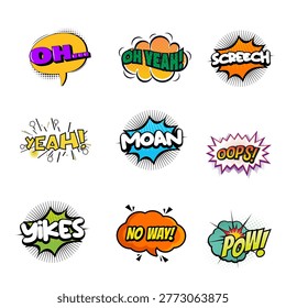 Comic Reaction Bubbles. Pop Art Expressions. Cartoon Speech Stickers. Colorful Vector Illustration.