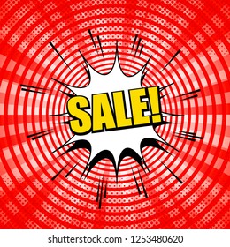 Comic red advertising template with white speech bubble yellow Sale wording sound circles radial and halftone effects. Vector illustration