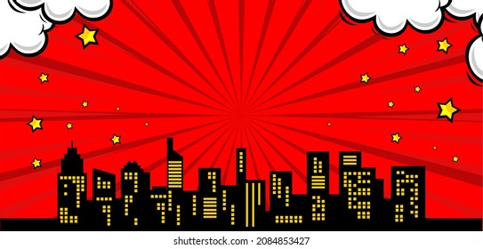 comic red background with city silhouette and star illustration