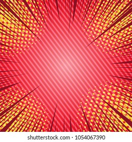 Comic red bright blank background with rays yellow halftone slanted lines effects for your design. Vector illustration