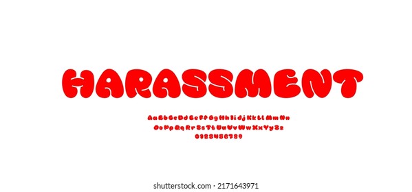 Comic red font, alphabet in the cartoon style, plump uppercase and lowercase Latin letters and numbers