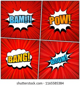 Comic red pages set with colorful inscriptions speech bubbles radial rays and halftone effects. Vector illustration