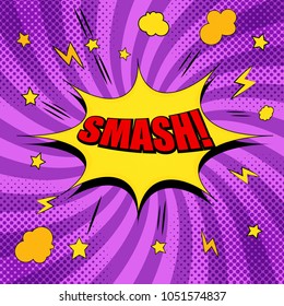 Comic red Smash wording template with yellow speech bubble, stars, clouds, lightnings, sound, halftone and radial effects on purple background. Vector illustration