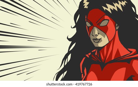 Comic Red Stylized Woman Superhero Fight Frame Cry Face On Radial Lines Square Background Print Vector Illustration