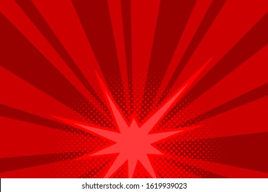 Comic red sunbeam background. Retro pop art style cartoon background. Vintage halftone vector illustration. Layout retro cartoon template. Comic book red superhero burst effect