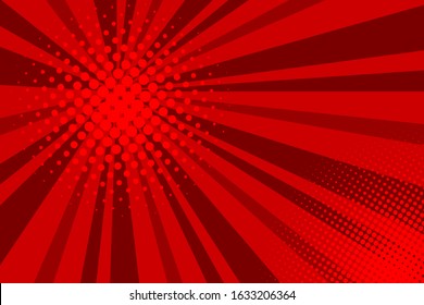 Comic red sunbeam background. Retro pop art style cartoon background. Vintage halftone vector illustration. Layout retro cartoon template. Comic book red superhero burst effect