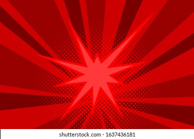 Comic red sunbeam background. Retro pop art style cartoon background. Vintage halftone vector illustration. Layout retro cartoon template. Comic book red superhero burst effect