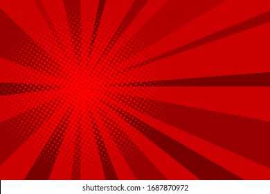 Comic red sunbeam background. Retro pop art style cartoon background. Vintage halftone vector illustration. Layout retro cartoon template. Comic book red superhero burst effect