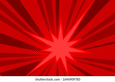 Comic red sunbeam background. Retro pop art style cartoon background. Vintage halftone vector illustration. Layout retro cartoon template. Comic book red superhero burst effect