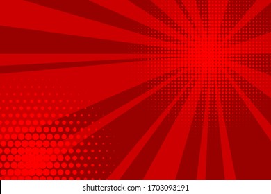 Comic red sunbeam background. Retro pop art style cartoon background. Vintage halftone vector illustration. Layout retro cartoon template. Comic book red superhero burst effect