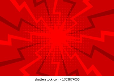 Comic red sunbeam background. Retro pop art style cartoon background. Vintage halftone vector illustration. Layout retro cartoon template. Comic book red superhero burst effect